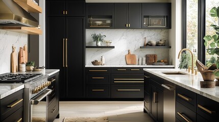 Modern kitchen with black cabinetry, marble countertops, and natural light