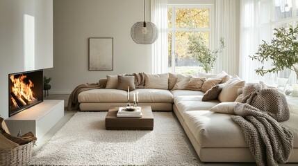 Modern minimalist living room with beige sectional sofa, fireplace, and natural light