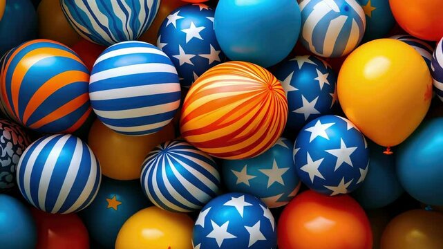 Vibrant colorful patterned balloons with stripes and stars in blue and orange