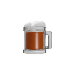 Beer mug with handle and foam 3D plastic style vector icon, glass with dark froth beer, cup of brown malt alcohol drink