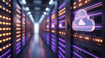Naklejka premium Neon Cloud Icon Floating in a Modern Data Center Aisle