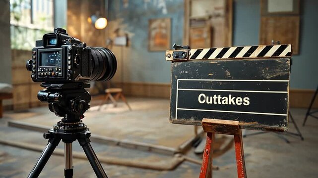 Filmmaking camera on tripod with clapperboard, studio interior