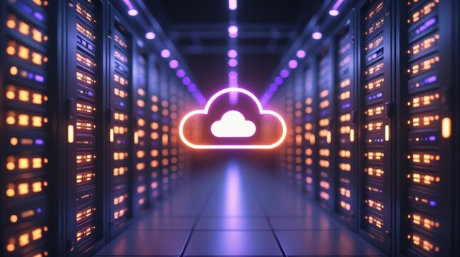 Futuristic Cloud Data Center with Glowing Servers and Purple Lights