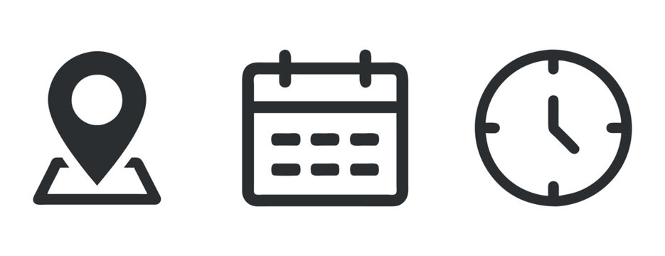 Navigation, Date, and Time Icons – Vector Illustration Representing Location Pin, Calendar, and Clock Concept
