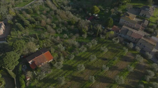 Stunning Drone Footage of Olive Farms, Vineyards and quant villages in Tuscany, Italy during a sunny spring day 
