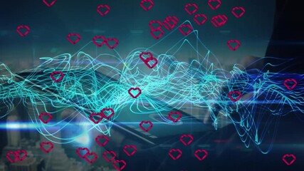 Floating digital heart icons over cityscape with abstract blue wave animation - Powered by Adobe