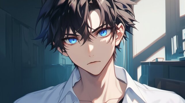 Close-Up of Handsome Anime Boy with Blue Eyes and Cold Expression in an Empty Room


