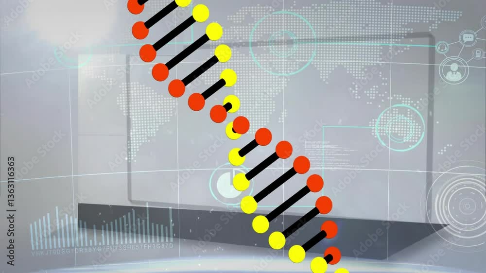 Poster dna strand with data charts and world map in background animation