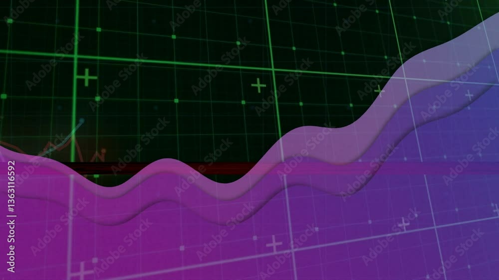 Poster data analysis animation with rising graph and purple waves over grid background