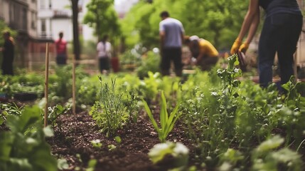 Fototapeta premium community garden with people planting and caring for plants