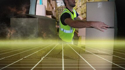 Handling boxes, warehouse worker with digital grid overlay in background - Powered by Adobe