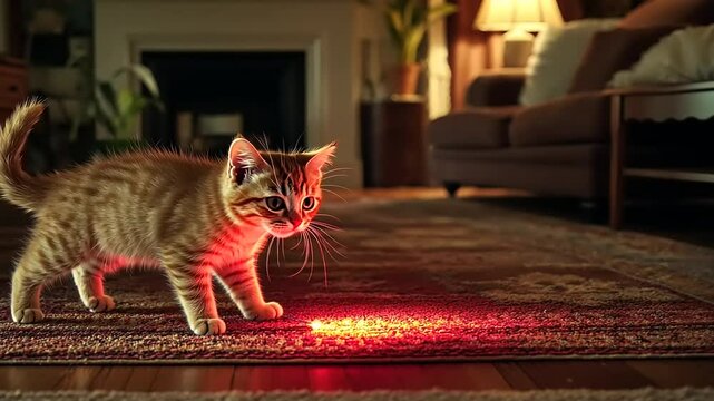 Playful kitten chasing a laser pointer on a cozy living room rug with warm lighting