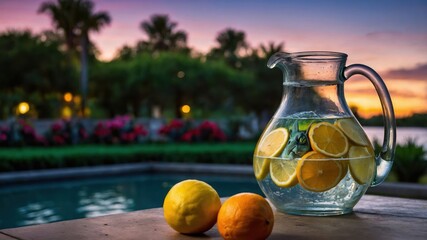 A refreshing pitcher of lemon water with fresh lemons, set against a sunset backdrop.