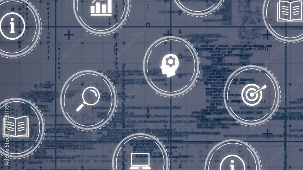 Poster icons of data analysis and research over technical document with animation elements