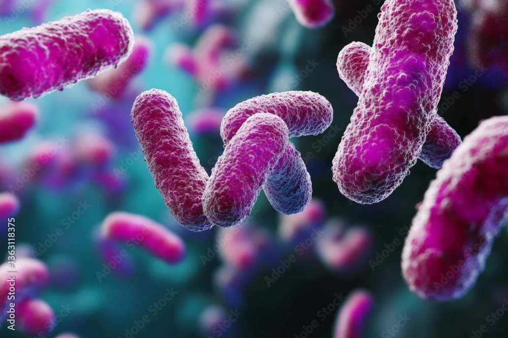 Poster Visualization of bacteria in vibrant colors showcasing their structure and diversity in a microscopic environment