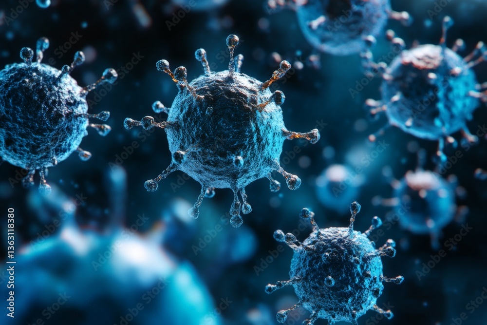 Poster Detailed view of viral particles in a microscopic environment showcasing intricate structures and textures