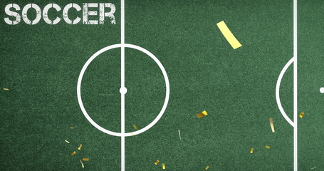 Naklejka premium Image of gold confetti falling over green sports pitch with the word soccer