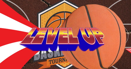 Image of words level up with red and white stripes and basketball over basketball court