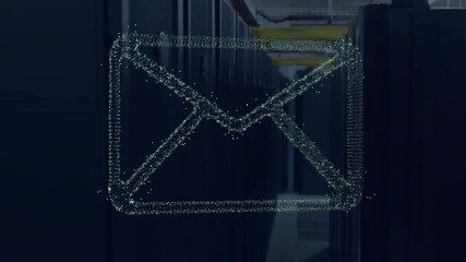 Glowing email icon animating over dark server room background with technology theme - Powered by Adobe