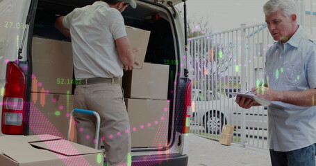 Statistical data processing against caucasian delivery man stacking delivery boxes in his van