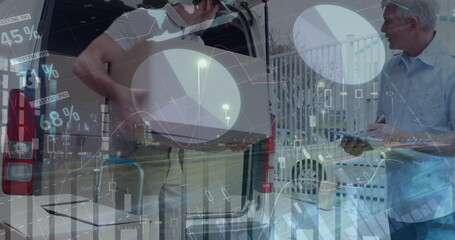 Image of financial data processing over delivery man loading up car outside of warehouse