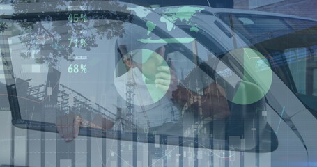 Statistical data processing against delivery man talking on walkie talkie and sitting in his van