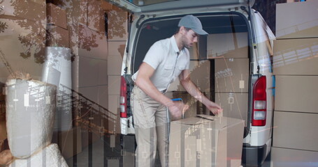Image of statistics processing over delivery man with cardboard boxes