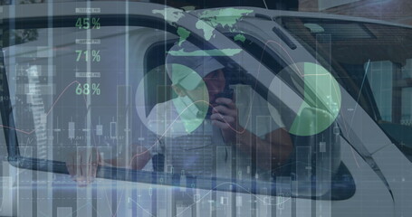 Image of financial data processing over delivery man getting out of car outside of warehouse