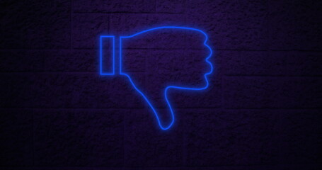 Neon blue thumbs down sign glowing against dark brick wall background