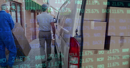 Image of financial data processing over delivery man loading up car outside of warehouse