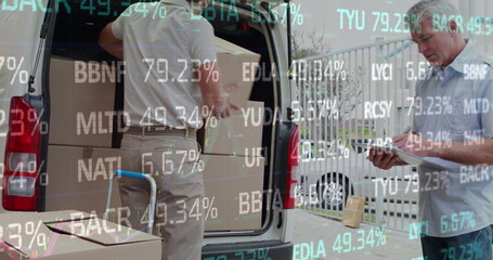 Image of financial data processing over delivery man loading up car outside of warehouse