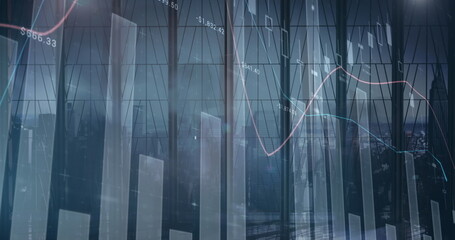 Image of financial data processing over business cityscape