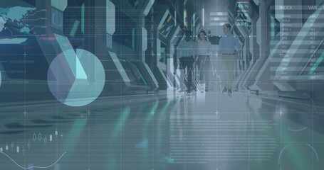 Image of financial data processing over business people