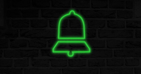 Glowing green bell icon on dark brick wall background, symbolizing notifications