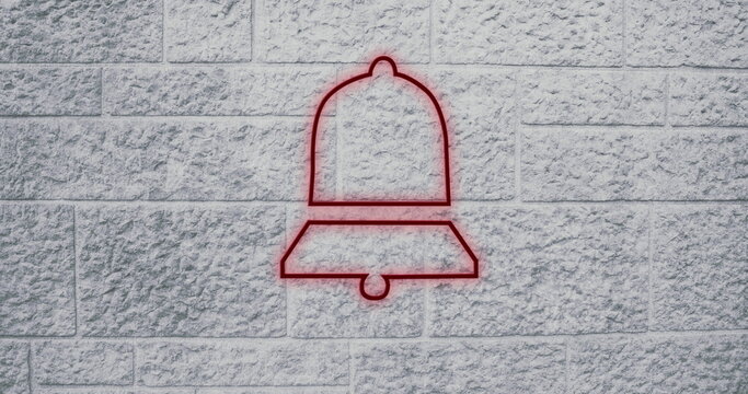 Red bell outline on textured stone wall, creating minimalist urban art - Powered by Adobe