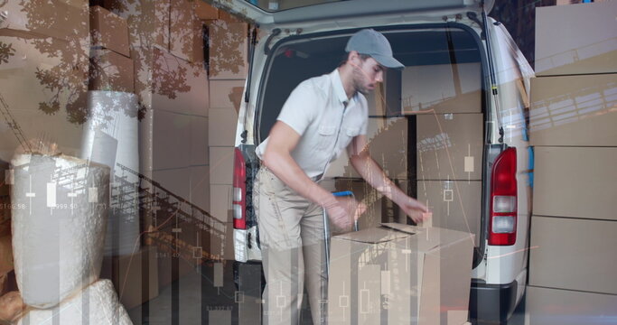 Image of statistics processing over delivery man with cardboard boxes