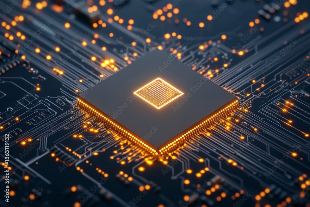 Fototapete Central processing unit with glowing circuitry on a dark background highlighting modern technology in digital computing