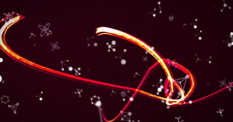 Image of molecules spinning over glowing neon stripes