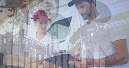 Image of financial data processing over delivery man holding clipboard outside of warehouse