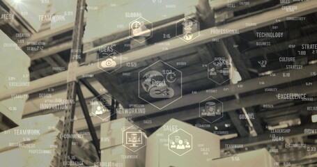 Network of digital icons and business concept texts against warehouse in background