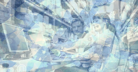 Image of networks of connections with digital icons over couple using computer