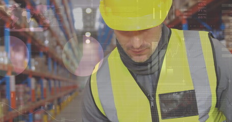 Statistical data processing against caucasian male worker using scanning device at warehouse