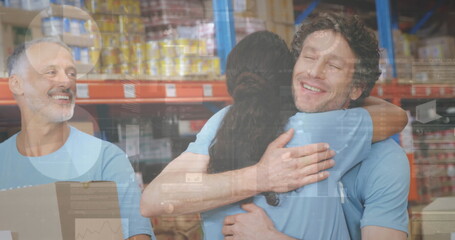 Statistical data processing over diverse male and female volunteers hugging each other at warehouse