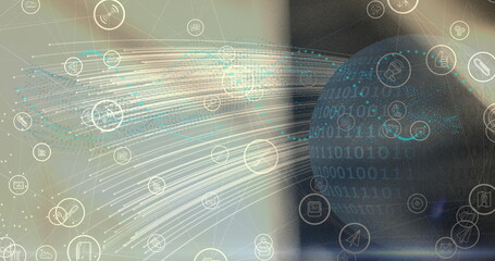 Image of globe with digital icons over blurred background