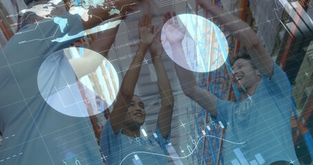 Statistical data processing against group of diverse volunteers making a hand stack at warehouse