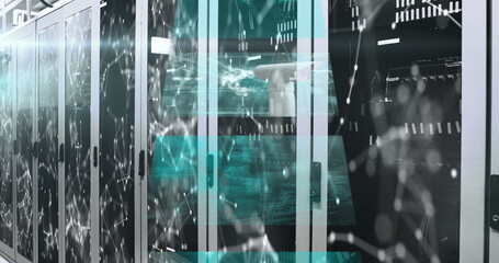 Network of connections against multiple screens with data processing against server room