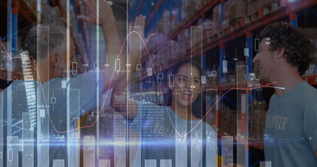 Statistical data processing against male and female volunteers high fiving each other at warehouse