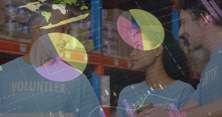 Statistical data processing against group of volunteers discussing over donations at warehouse