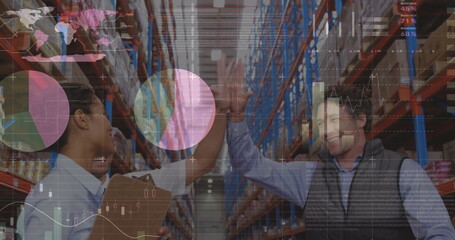 Statistical data processing against male and female supervisors high fiving each other at warehouse