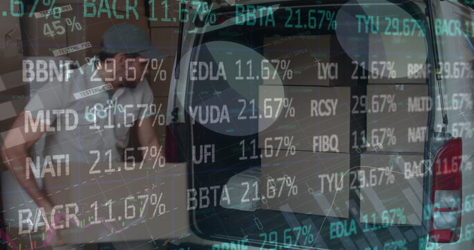 Image of financial data processing over delivery man loading up car outside of warehouse